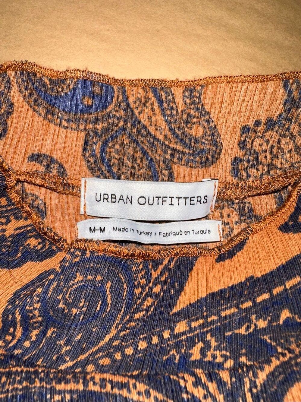 Urban Outfitters Size M Paisley Mock Neck Mini Dress Brown Blue Ribbed Stretch - Picture 7 of 10